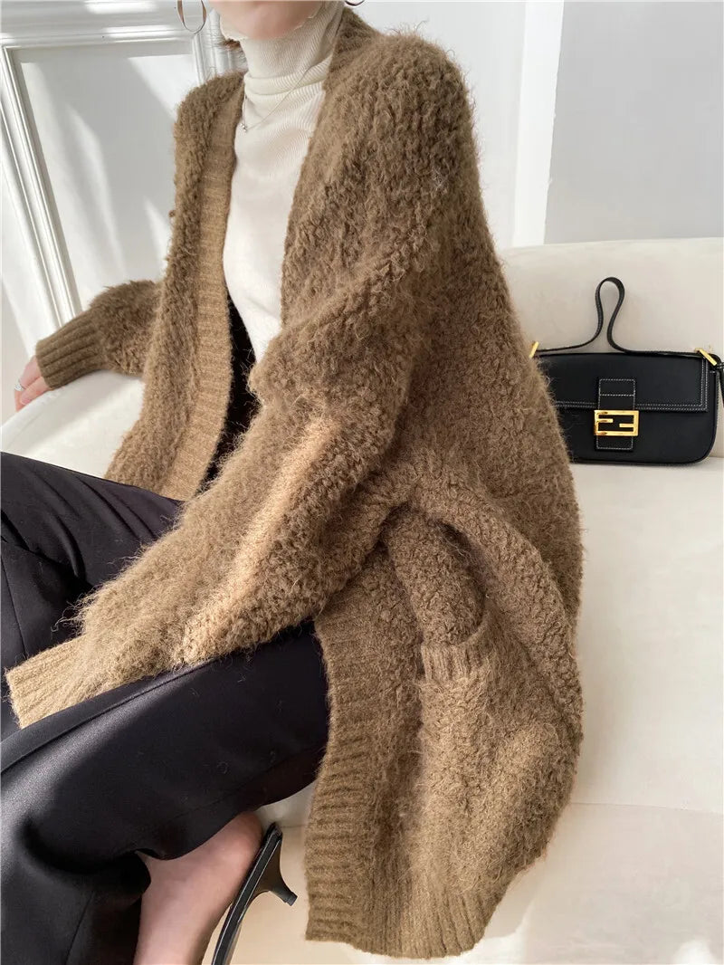 Casual V Neck Long Sleeves Solid Color Soft Loose Knit Cardigan Thick Wool Sweater