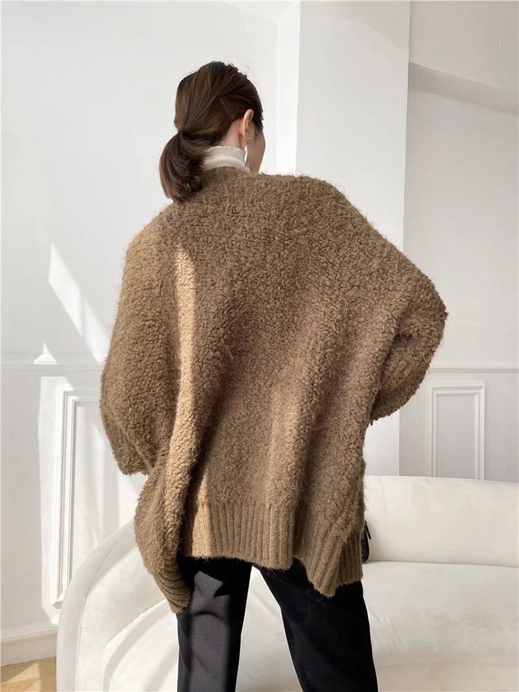 Casual V Neck Long Sleeves Solid Color Soft Loose Knit Cardigan Thick Wool Sweater