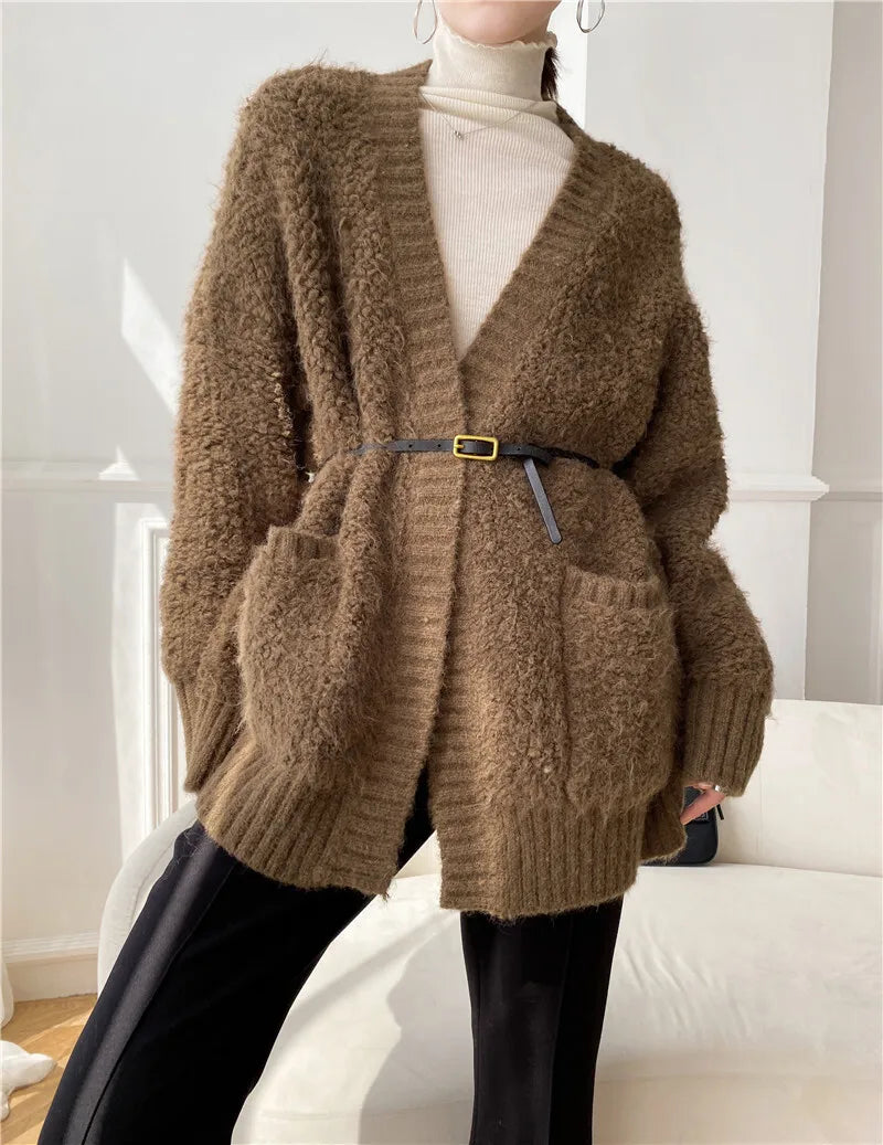 Casual V Neck Long Sleeves Solid Color Soft Loose Knit Cardigan Thick Wool Sweater