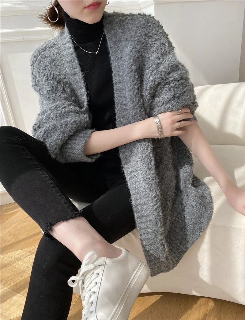 Casual V Neck Long Sleeves Solid Color Soft Loose Knit Cardigan Thick Wool Sweater