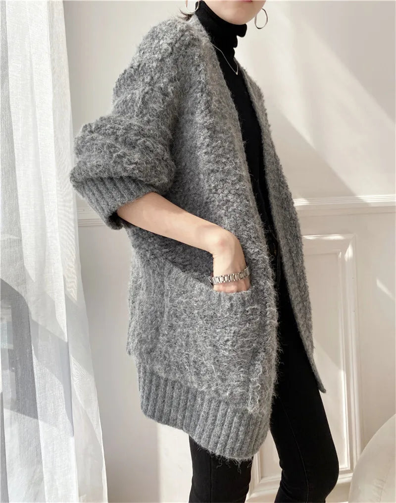 Casual V Neck Long Sleeves Solid Color Soft Loose Knit Cardigan Thick Wool Sweater