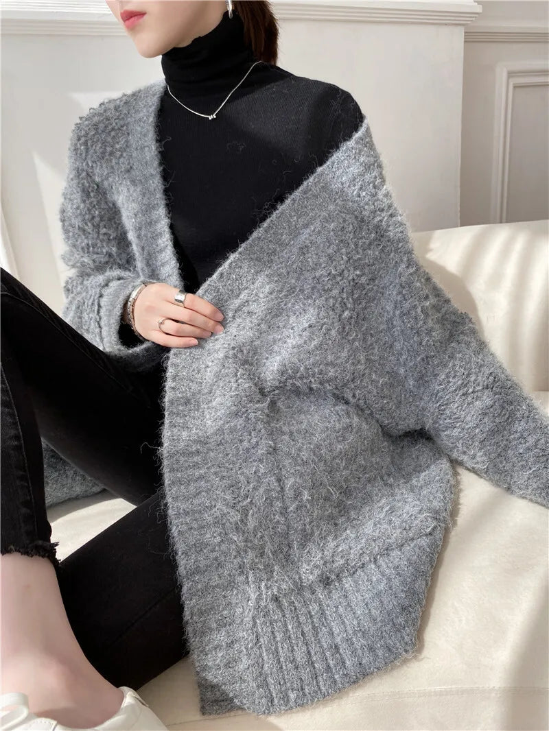 Casual V Neck Long Sleeves Solid Color Soft Loose Knit Cardigan Thick Wool Sweater