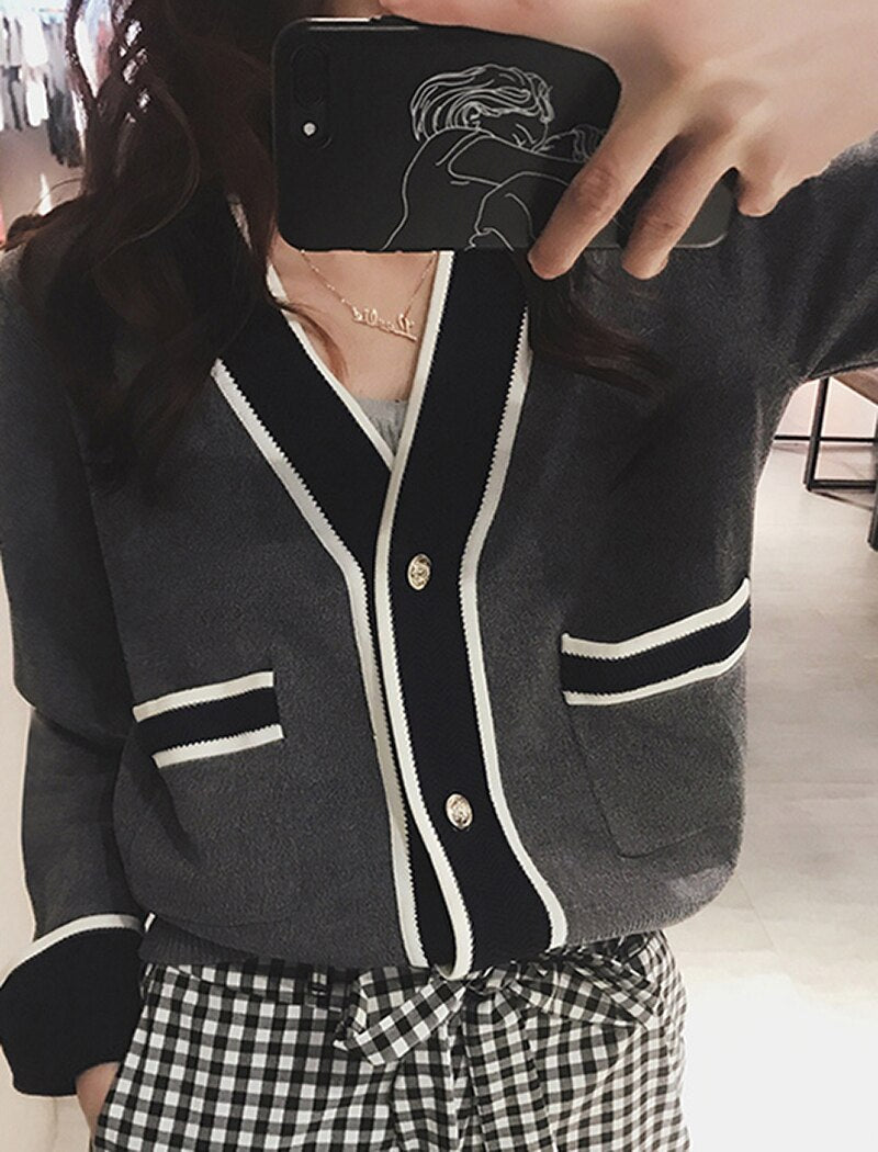 Casual V Neck Single Breasted Knitwear Sweater