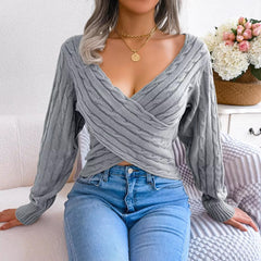 Casual V-neck Fired Dough Twist Long Sleeve Open Umbilical Sweater