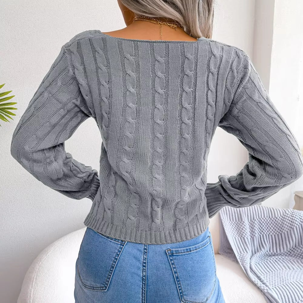 Casual V-neck Fired Dough Twist Long Sleeve Open Umbilical Sweater
