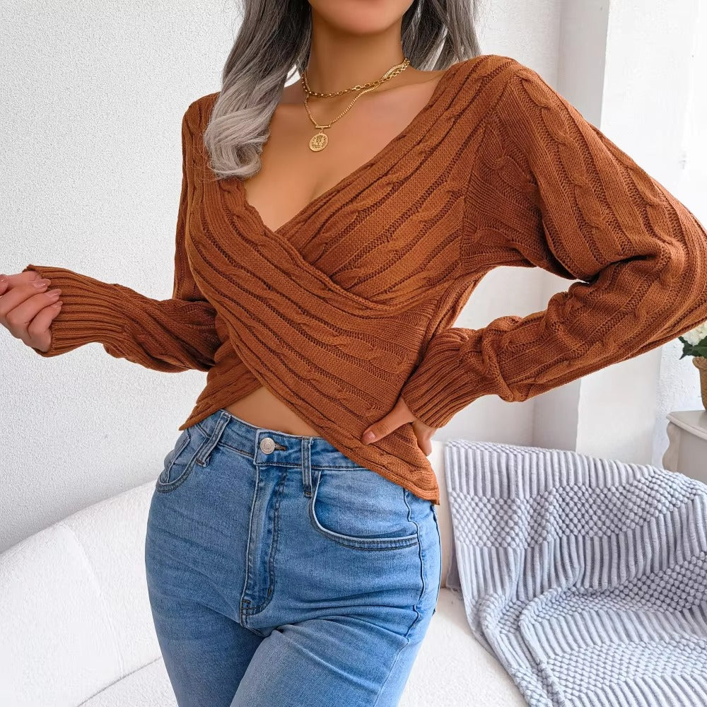 Casual V-neck Fired Dough Twist Long Sleeve Open Umbilical Sweater