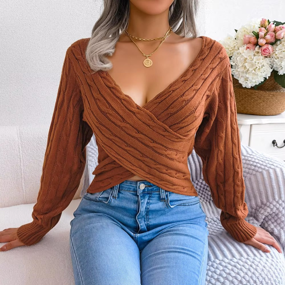 Casual V-neck Fired Dough Twist Long Sleeve Open Umbilical Sweater