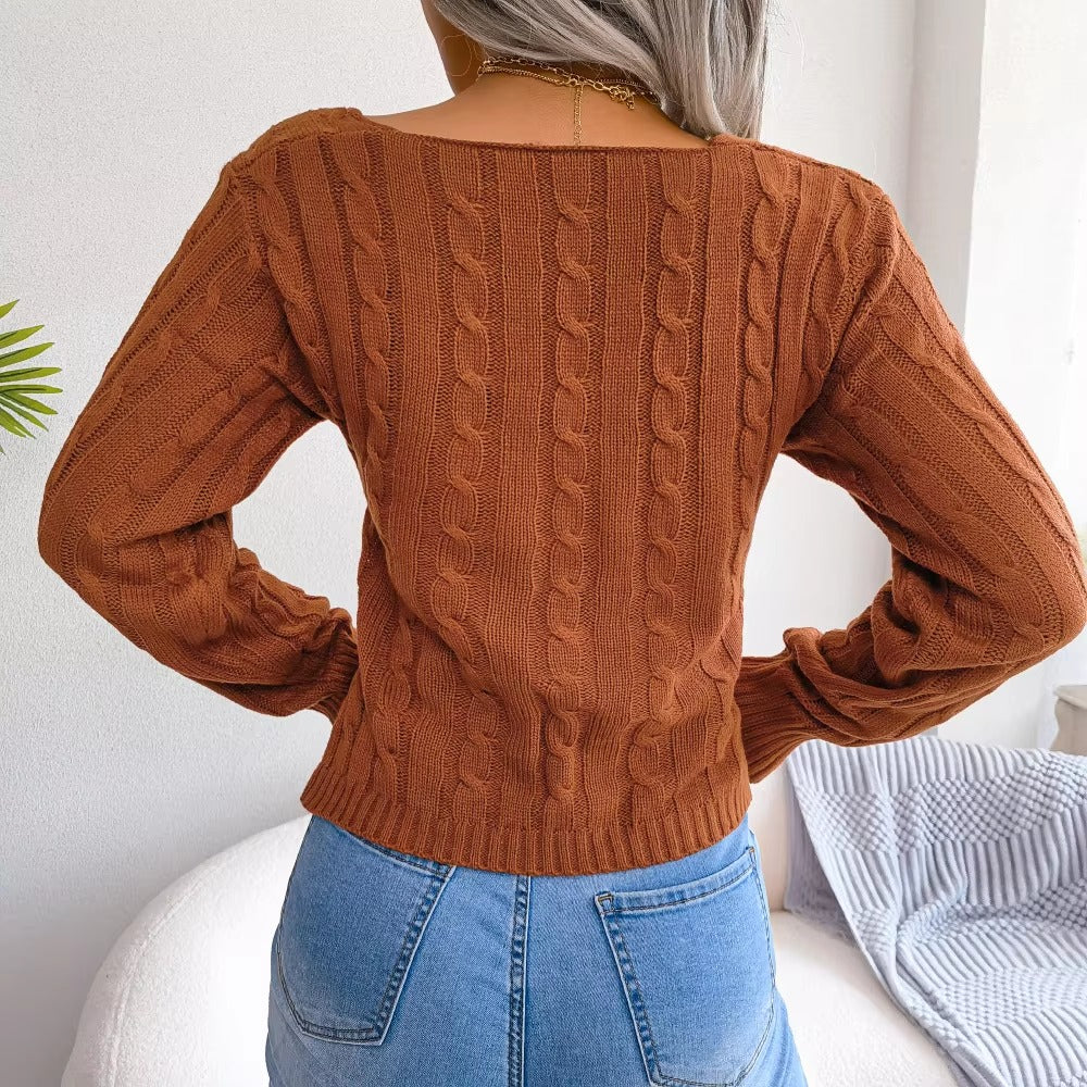 Casual V-neck Fired Dough Twist Long Sleeve Open Umbilical Sweater