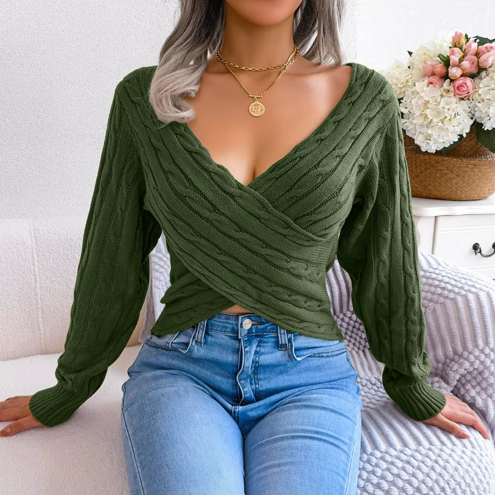 Casual V-neck Fired Dough Twist Long Sleeve Open Umbilical Sweater