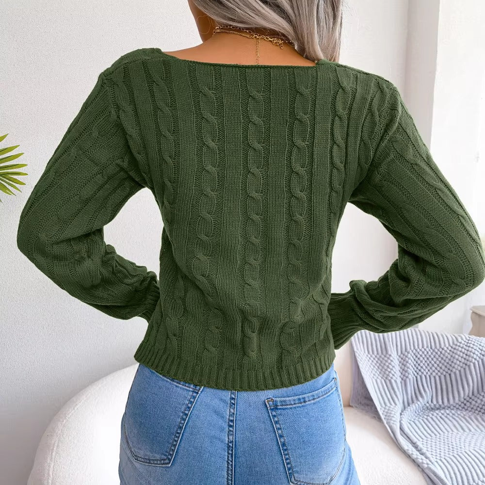 Casual V-neck Fired Dough Twist Long Sleeve Open Umbilical Sweater