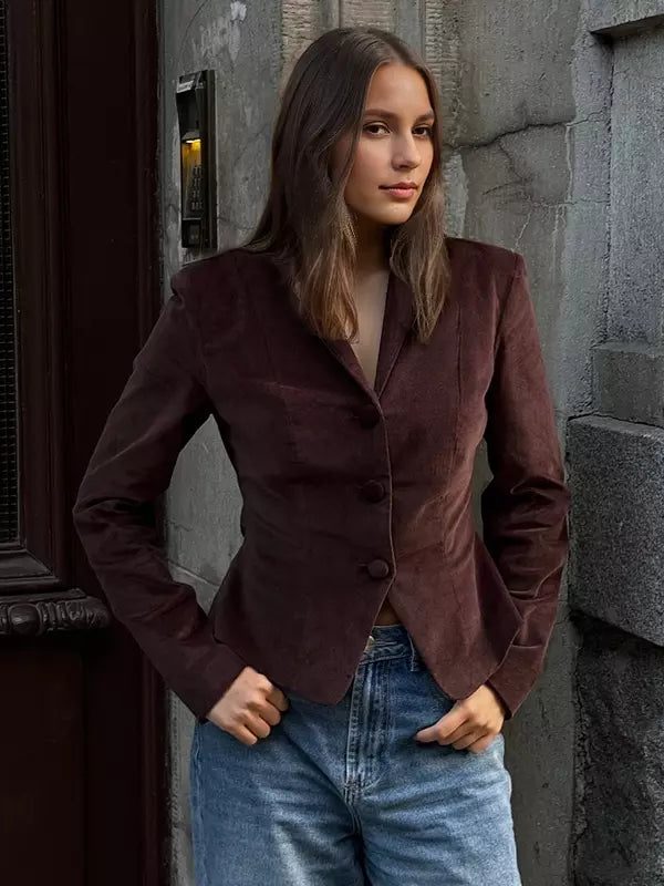 Casual Stand Collar Long Sleeve Fitted Vintage Blazer Jacket