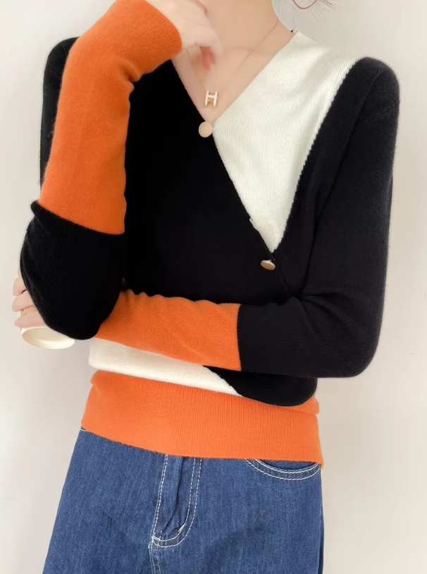 Casual V-neck Long Sleeve Loose Pullovers High Stretch Cashmere Sweater
