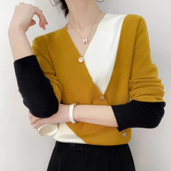 Casual V-neck Long Sleeve Loose Pullovers High Stretch Cashmere Sweater