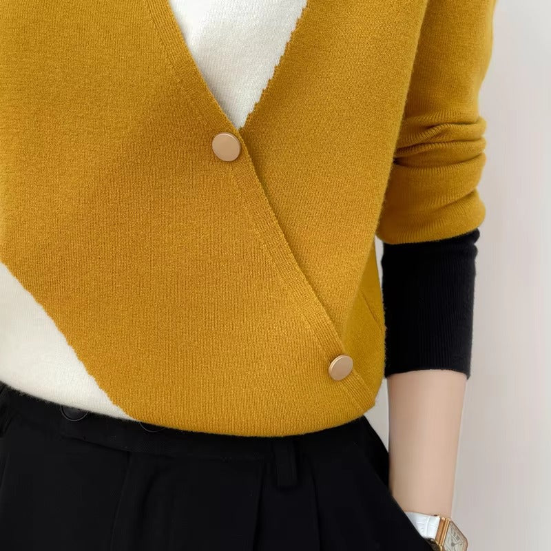 Casual V-neck Long Sleeve Loose Pullovers High Stretch Cashmere Sweater