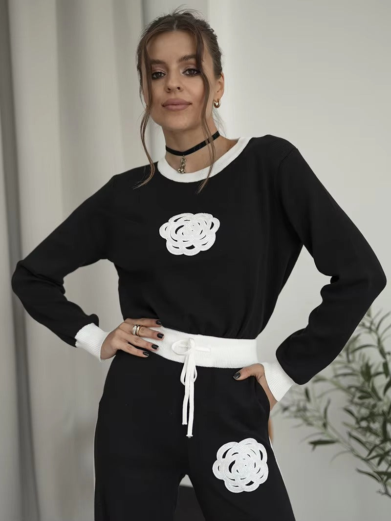 Casual Viscose Knitted Floral Sweater Two Piece Set