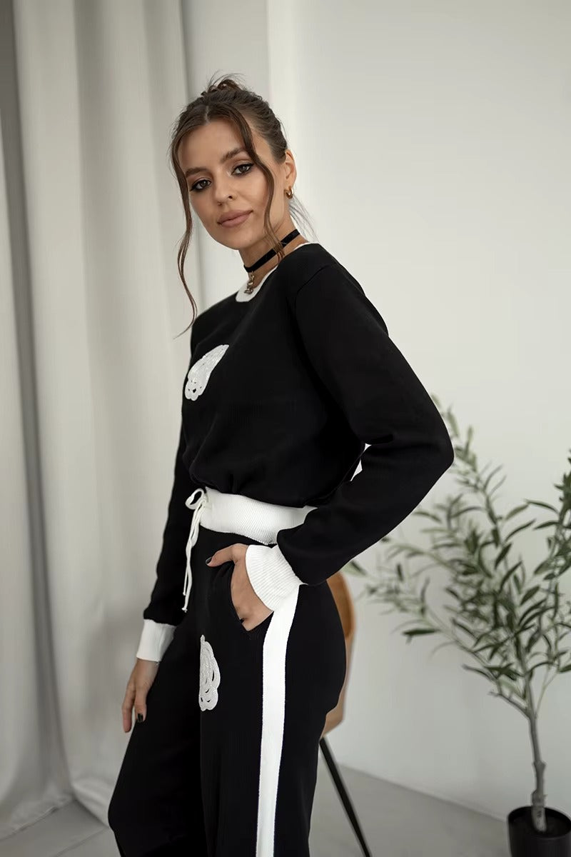 Casual Viscose Knitted Floral Sweater Two Piece Set