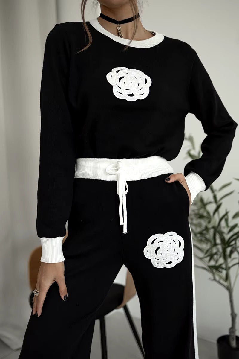Casual Viscose Knitted Floral Sweater Two Piece Set