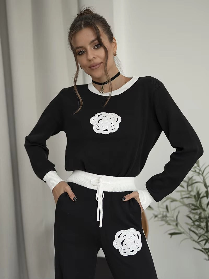 Casual Viscose Knitted Floral Sweater Two Piece Set