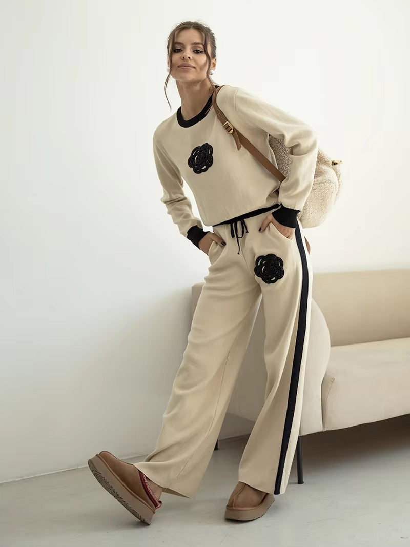 Casual Viscose Knitted Floral Sweater Two Piece Set