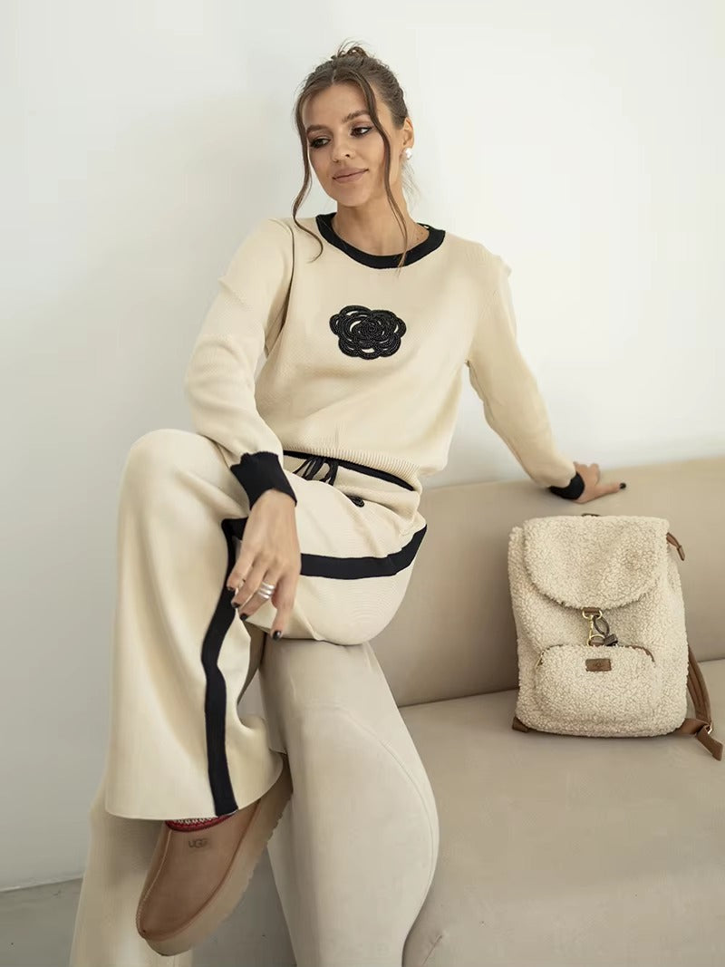 Casual Viscose Knitted Floral Sweater Two Piece Set