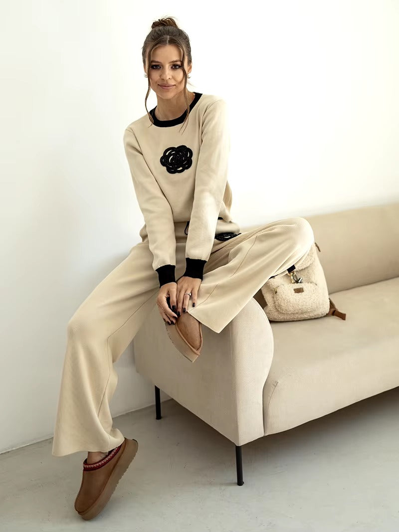 Casual Viscose Knitted Floral Sweater Two Piece Set