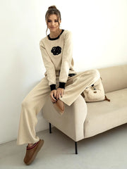 Casual Viscose Knitted Floral Sweater Two Piece Set