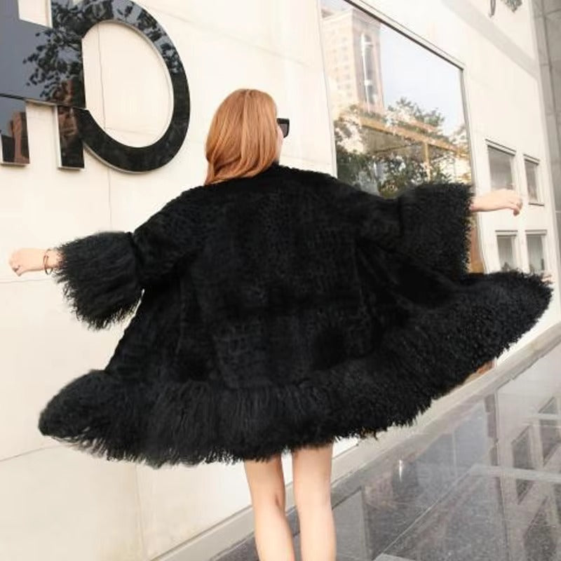 Casual With Mongolia Sheep Fur Sleeve Natural Rabbit Fur Coat