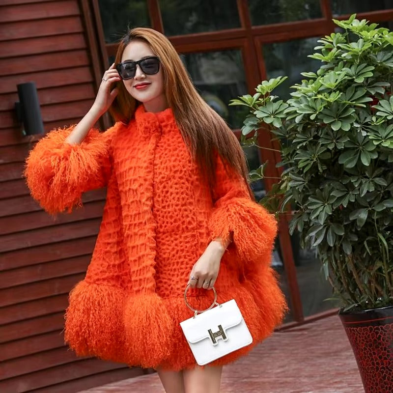 Casual With Mongolia Sheep Fur Sleeve Natural Rabbit Fur Coat