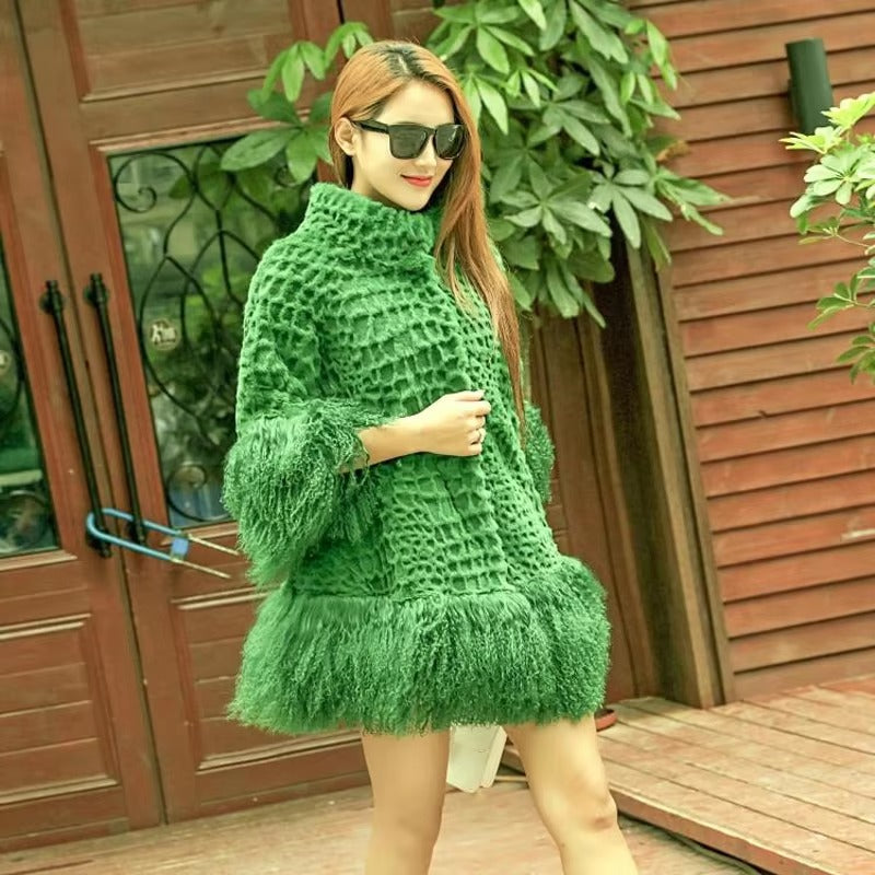 Casual With Mongolia Sheep Fur Sleeve Natural Rabbit Fur Coat