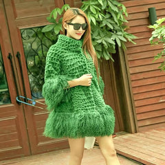 Casual With Mongolia Sheep Fur Sleeve Natural Rabbit Fur Coat