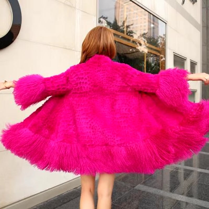 Casual With Mongolia Sheep Fur Sleeve Natural Rabbit Fur Coat