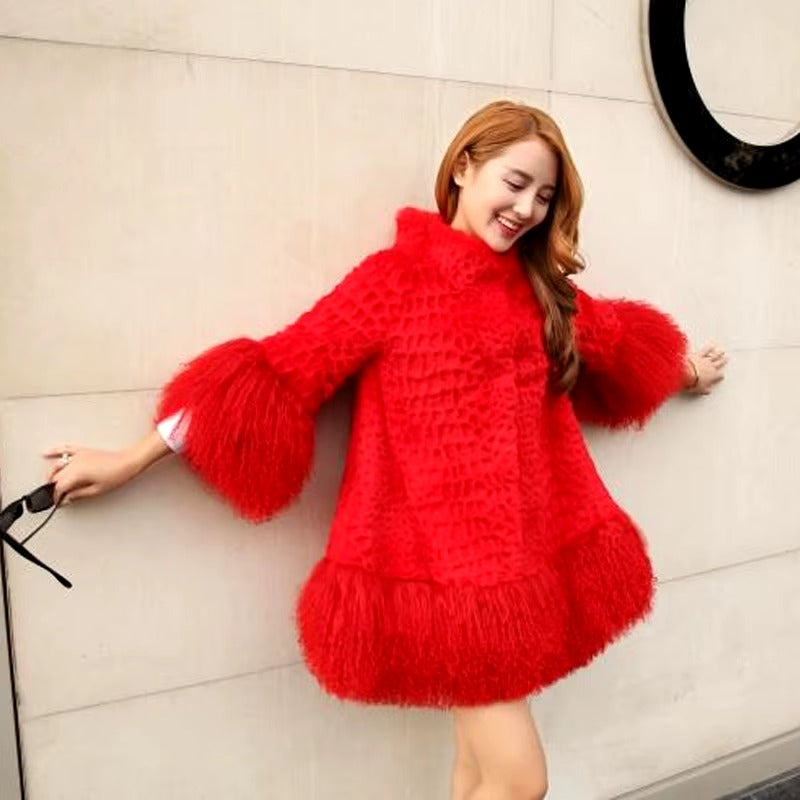 Casual With Mongolia Sheep Fur Sleeve Natural Rabbit Fur Coat