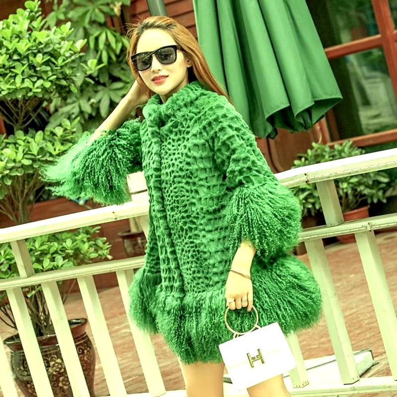 Casual With Mongolia Sheep Fur Sleeve Natural Rabbit Fur Coat