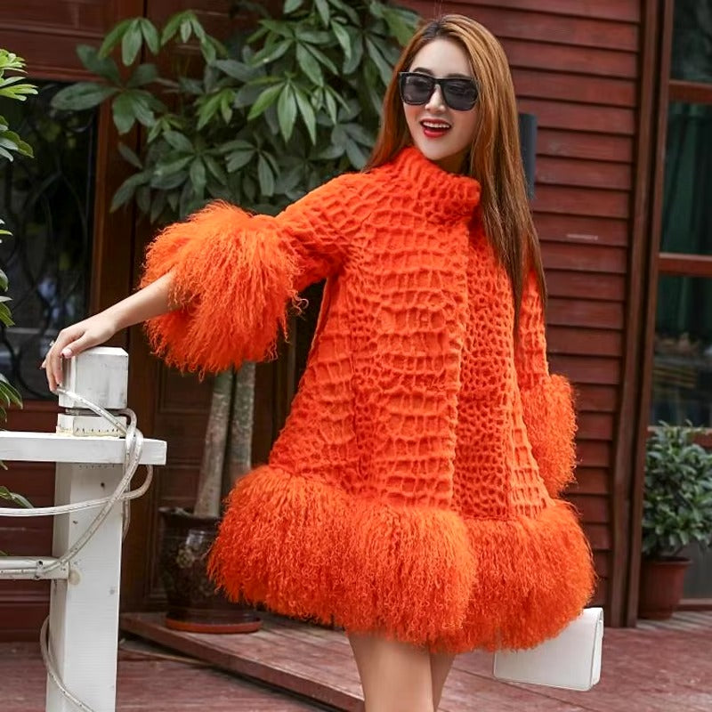 Casual With Mongolia Sheep Fur Sleeve Natural Rabbit Fur Coat