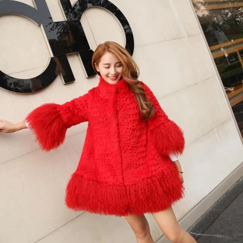 Casual With Mongolia Sheep Fur Sleeve Natural Rabbit Fur Coat