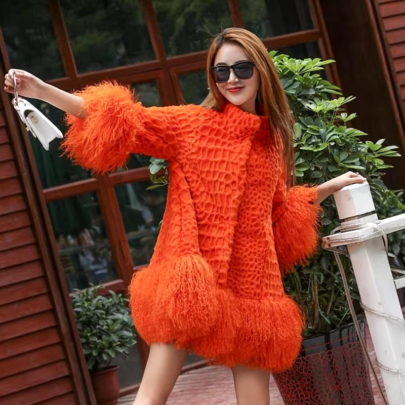 Casual With Mongolia Sheep Fur Sleeve Natural Rabbit Fur Coat