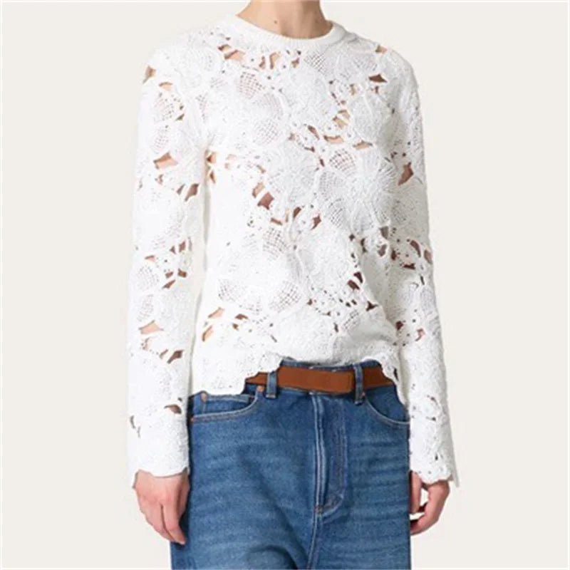 Casual elastic knitted slim fit long sleeved Flower Embroidered pullover knitwear sweater