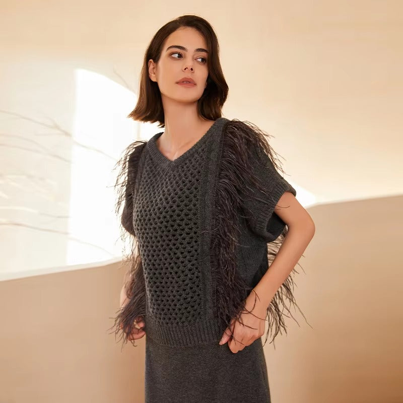 Casual hollow out Geometric V Neck Pullover Knitted Vest Cashmere Sweater