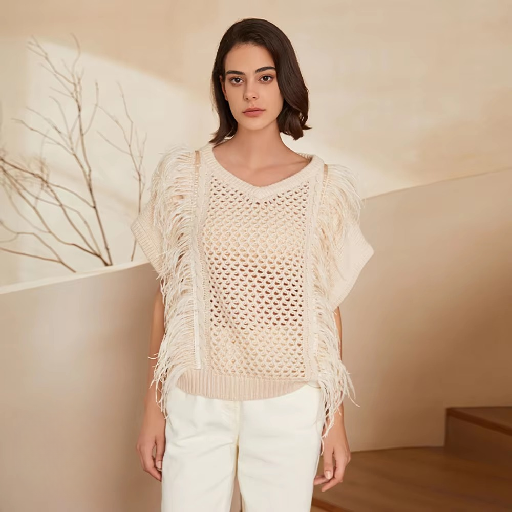 Casual hollow out Geometric V Neck Pullover Knitted Vest Cashmere Sweater