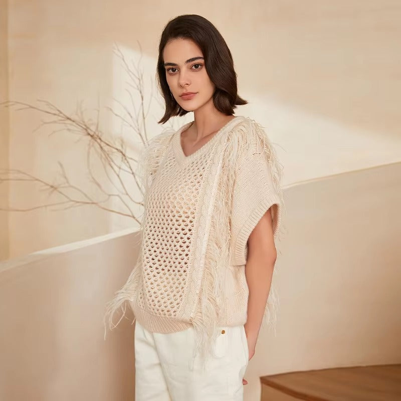 Casual hollow out Geometric V Neck Pullover Knitted Vest Cashmere Sweater