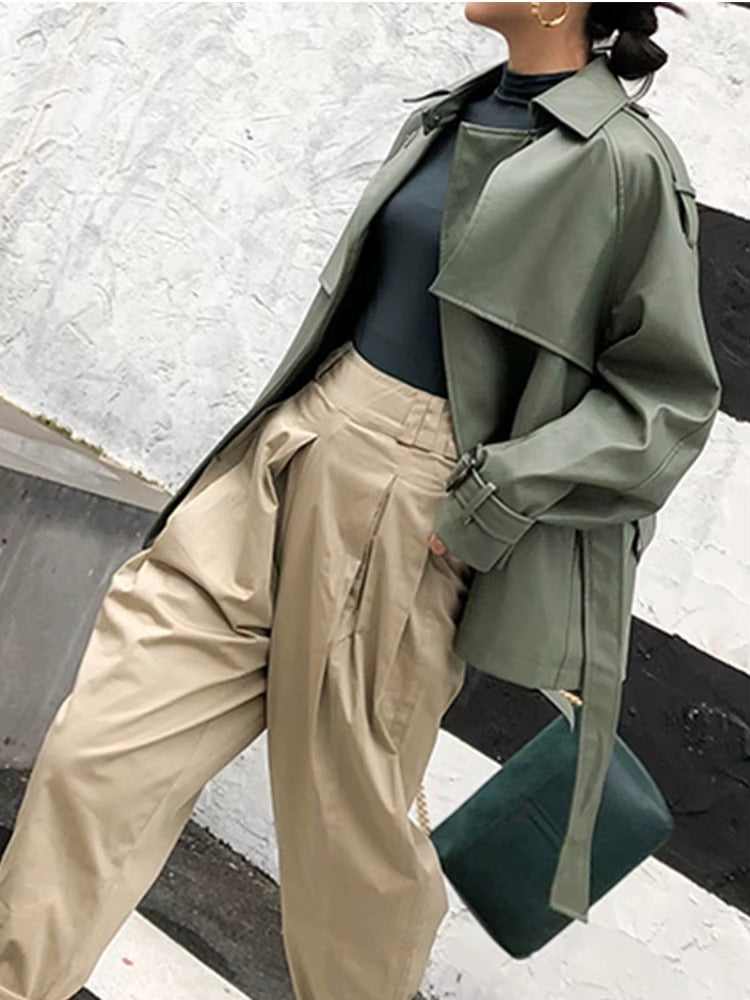 Casual sashes Turn-down Collar Streetwear Faux PU Leather Belt Jacket