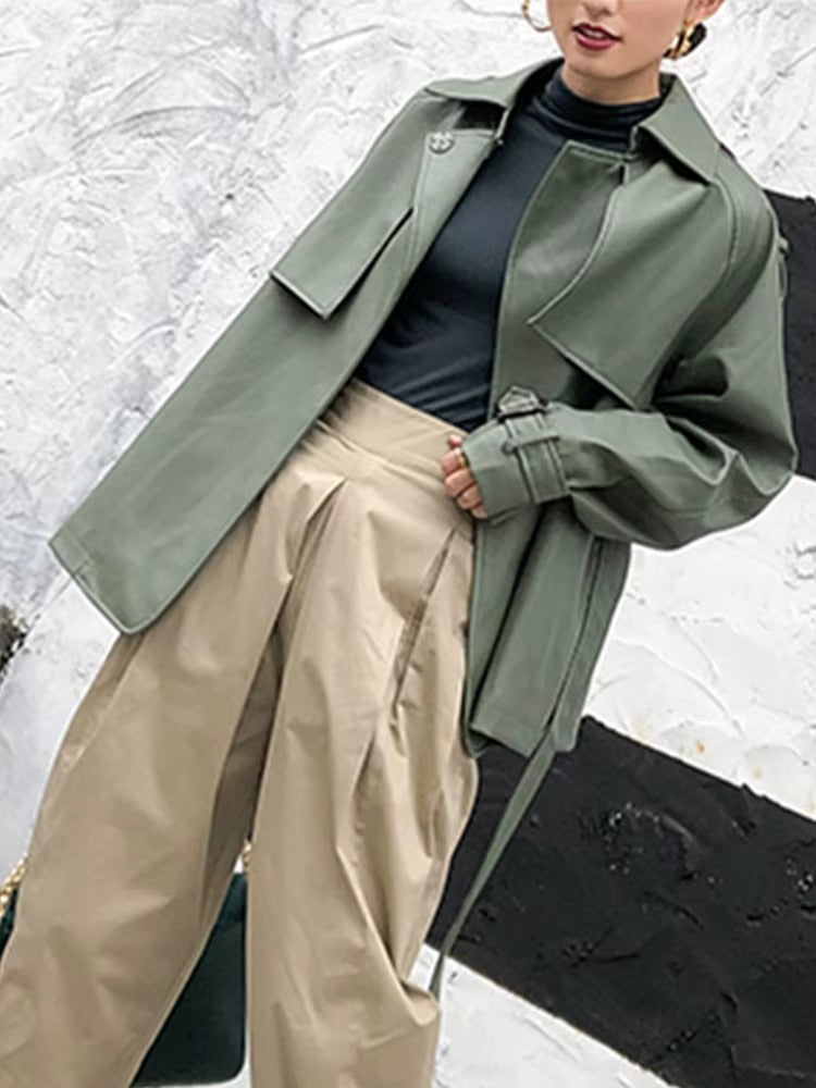 Casual sashes Turn-down Collar Streetwear Faux PU Leather Belt Jacket