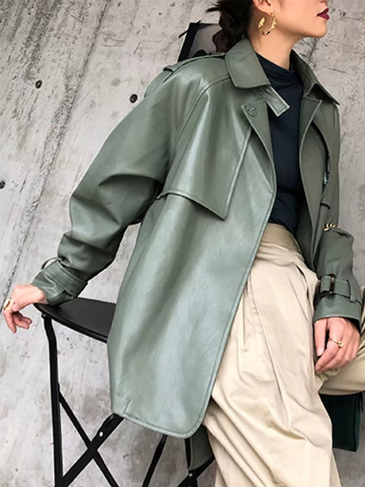Casual sashes Turn-down Collar Streetwear Faux PU Leather Belt Jacket