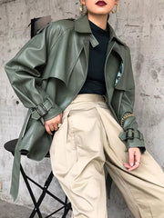 Casual sashes Turn-down Collar Streetwear Faux PU Leather Belt Jacket