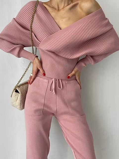 CasualOff Shoulder Knitted Tracksuit Two Piece Set