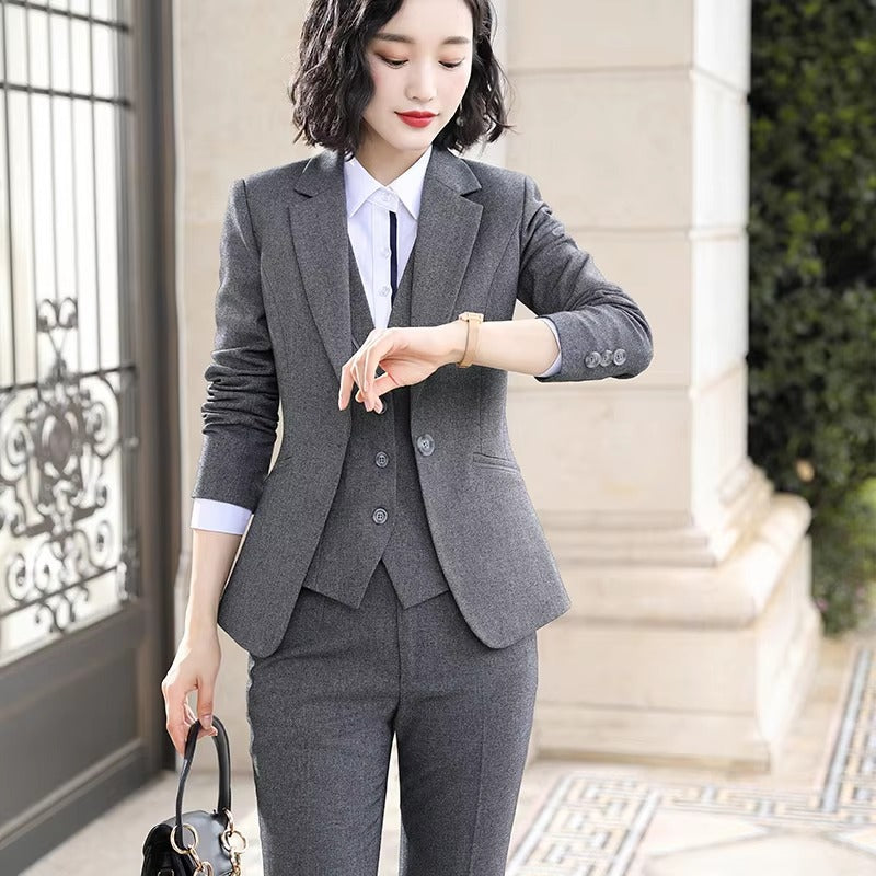 Causal Solid zipper fly Notched Work Wear Formal Blazer Jacket Vest trousers 3 Pieces Pant Suits