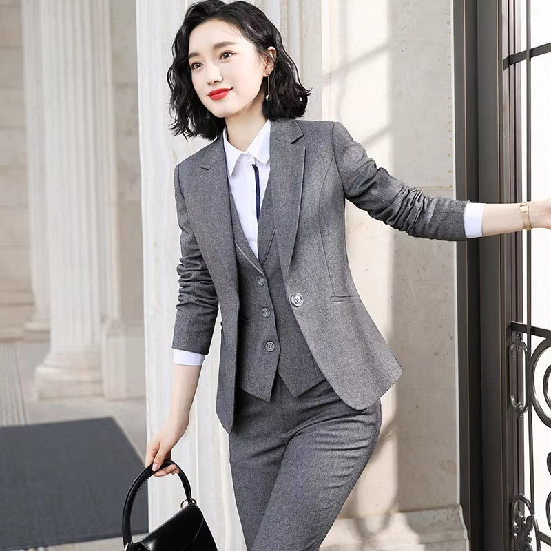 Causal Solid zipper fly Notched Work Wear Formal Blazer Jacket Vest trousers 3 Pieces Pant Suits