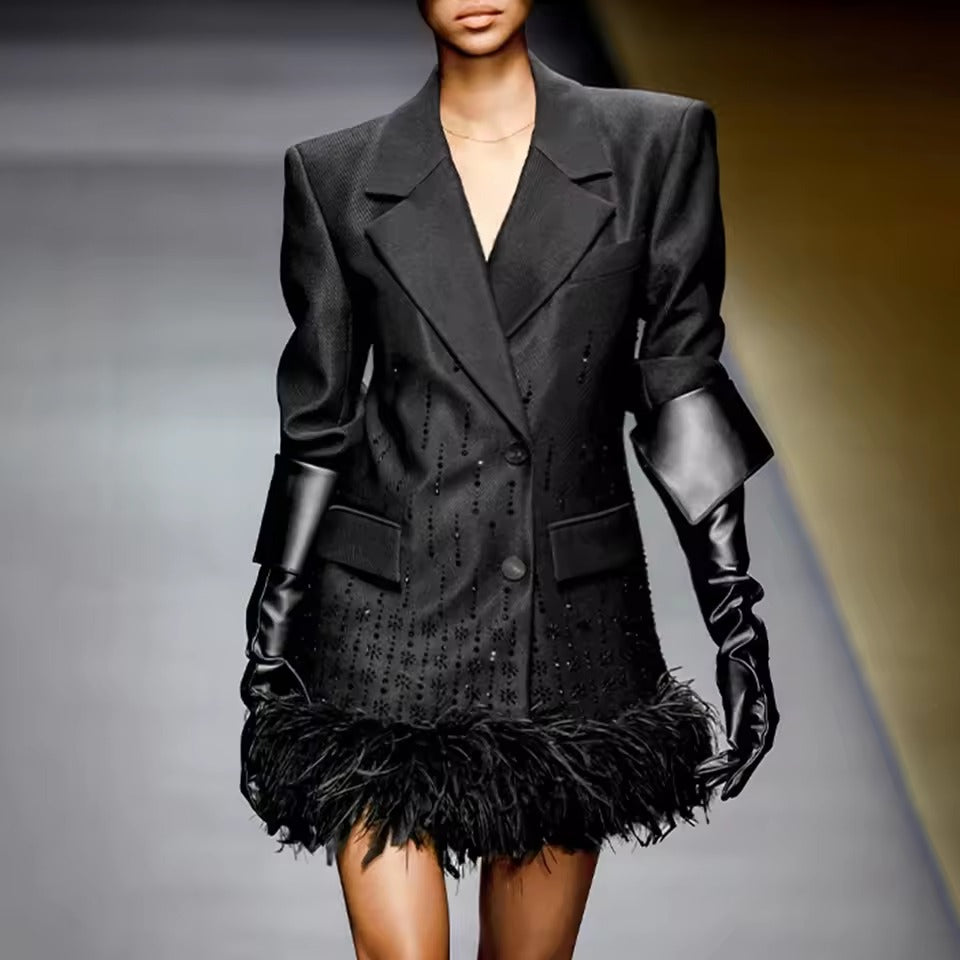 Chic Notched Collar Long Sleeve Solid Patchwork Feather Blazer