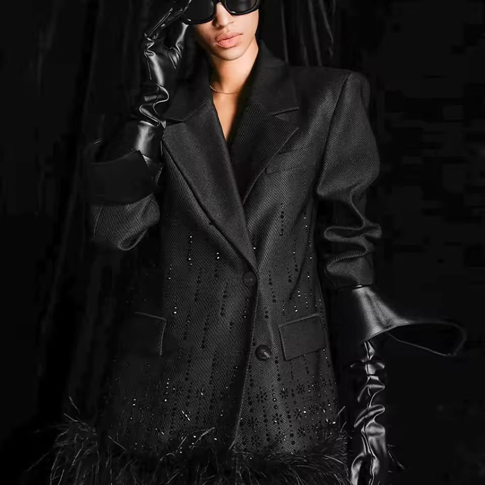 Chic Notched Collar Long Sleeve Solid Patchwork Feather Blazer