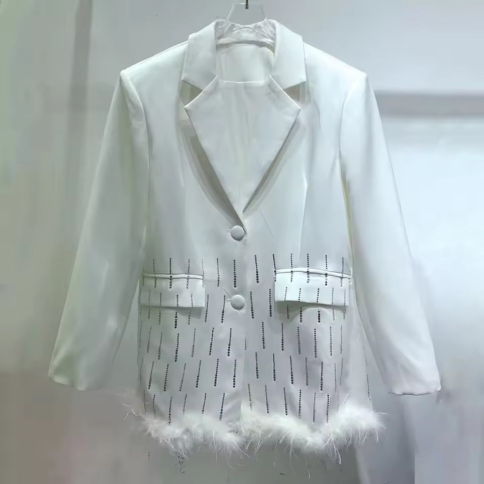 Chic Notched Collar Long Sleeve Solid Patchwork Feather Blazer